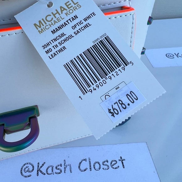 Michael Kors Manhattan Satchel Medium Leather Contrast-Trim Satchel Optic white - Picture 9 of 12